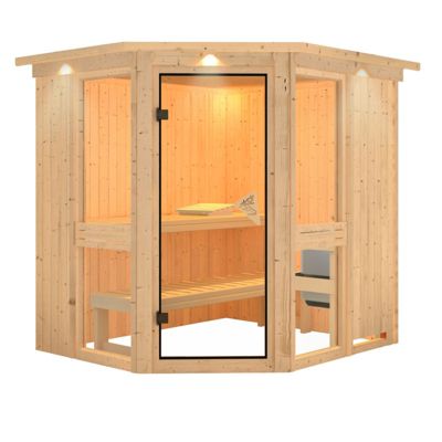 Sauna d'angle en épicéa 196x170 cm 4-6 places avec poêle en option - Karibu Amelia 1
