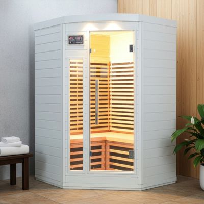 Sauna d'angle infrarouge SNÖ 3 places 2150W Hemlock blanc, Bluetooth/MP3