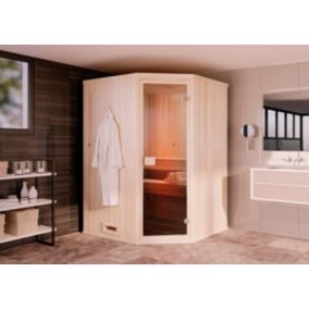 Sauna d'angle intérieur FinnTherm, 14x14m dim ext (cas échéant incl débord de toit) naturel, épaisseur paroi : 40mm, 2,1m² totale