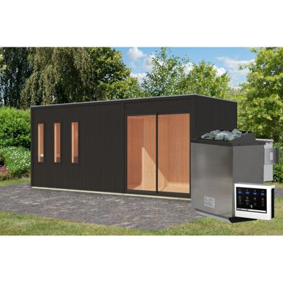 Sauna extérieur 4-6 places noir 12,4m² avec 3 bancs, poêle 9kW - Monterey - Karibu
