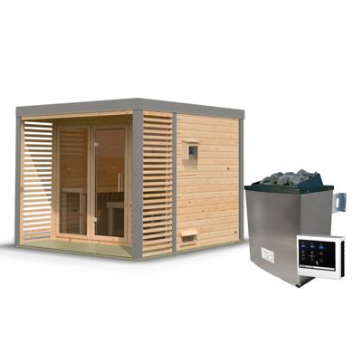 Sauna extérieur 6-8 places épicéa 38mm avec terrasse - Karibu Ares 3