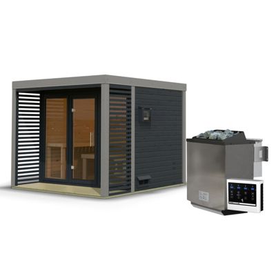 Sauna extérieur 6-8 places épicéa avec terrasse, poêle 9kW - Ares 3 Karibu