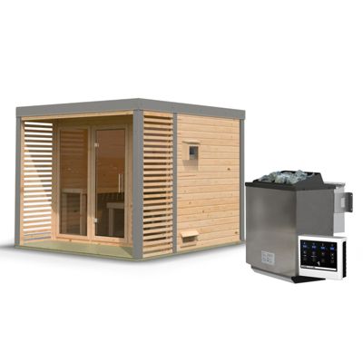 Sauna extérieur 6-8 places épicéa avec terrasse, poêle 9kW Karibu Ares