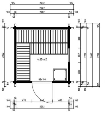Sauna extérieur Cubus-70 A FinnTherm, 26x26m dim ext (cas échéant incl débord de toit) naturel, épaisseur paroi : 70mm, 7m² totale