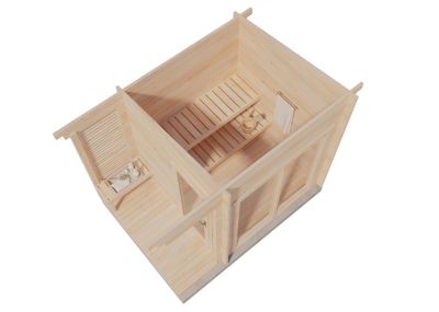 Sauna extérieur Lizzy S FinnTherm, 33x23m dim ext (cas échéant incl débord de toit) naturel, épaisseur paroi : 40mm, 7,5m² totale