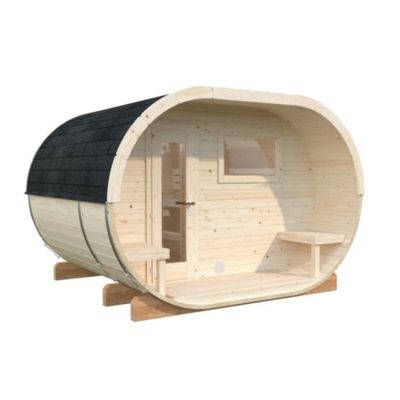 Sauna extérieur rond en bois Anette 6 places avec poêle Palmako surface extérieure totale 12,1m²