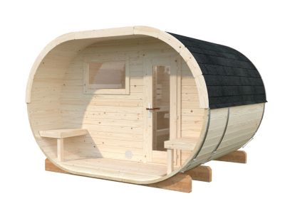 Sauna extérieur rond en bois Anette 6 places avec poêle Palmako surface extérieure totale 12,1m²