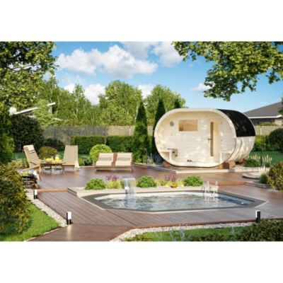 Sauna extérieur rond en bois Anette 6 places avec poêle Palmako surface extérieure totale 12,1m²