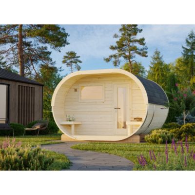 Sauna extérieur rond en bois Anette 6 places avec poêle Palmako surface extérieure totale 12,1m²