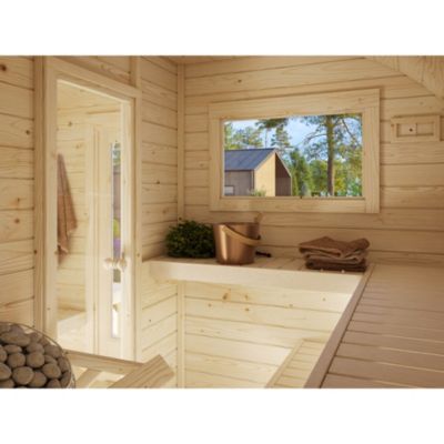 Sauna extérieur rond en bois Anette 6 places avec poêle Palmako surface extérieure totale 12,1m²
