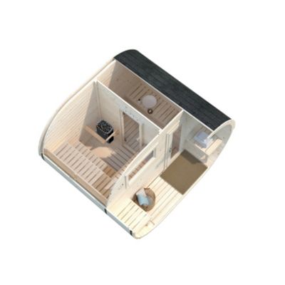 Sauna extérieur rond en bois Anette 6 places avec poêle Palmako surface extérieure totale 12,1m²