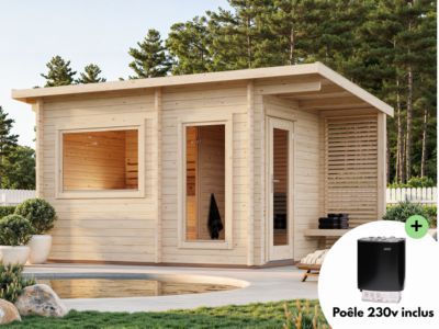 Sauna extérieur Sanna 5 places avec pergola en bois Palmako surface extérieure totale 12,6m²