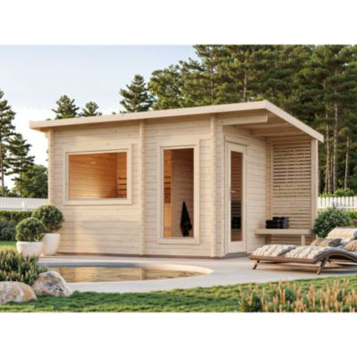 Sauna extérieur Sanna 5 places avec pergola en bois Palmako surface extérieure totale 12,6m²