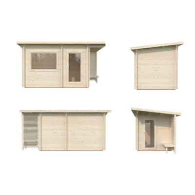 Sauna extérieur Sanna 5 places avec pergola en bois Palmako surface extérieure totale 12,6m²