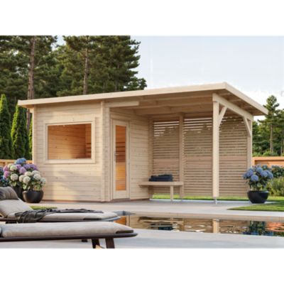 Sauna extérieur Sanna 5 places en bois avec pergola 5,9 m² Palmako surface extérieure totale 14,4m²