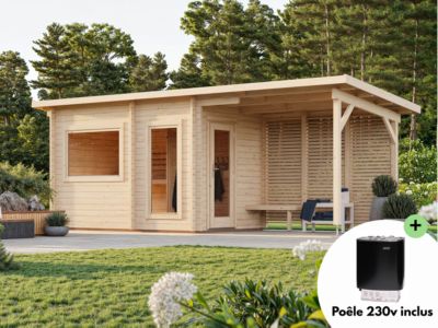 Sauna extérieur Sanna 5 places et pergola en bois Palmako surface extérieure totale 12,7m²