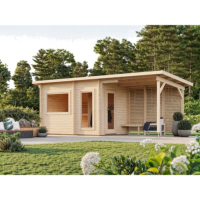 Sauna extérieur Sanna 5 places et pergola en bois Palmako surface extérieure totale 12,7m²