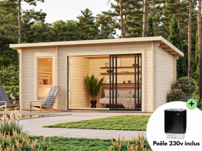 Sauna extérieur Sanna 6 places avec baie coulissante Palmako surface extérieure totale 18,3m²