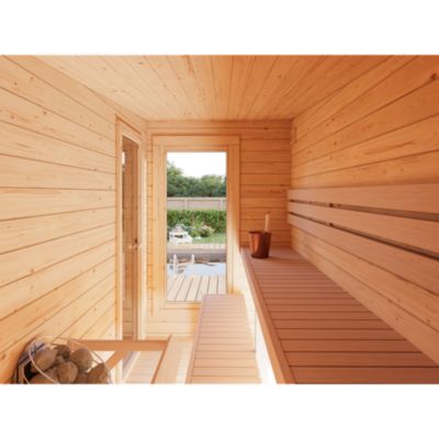 Sauna extérieur Sanna 6 places avec baie coulissante Palmako surface extérieure totale 18,3m²