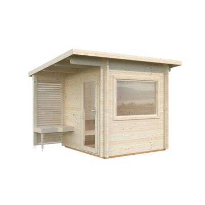 Sauna extérieur Sanna 6 places baie coulissante double vitrage et studio Palmako surface extérieure totale 18,3 m²