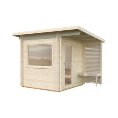 Sauna extérieur Sanna 6 places baie coulissante double vitrage et studio Palmako surface extérieure totale 18,3 m²
