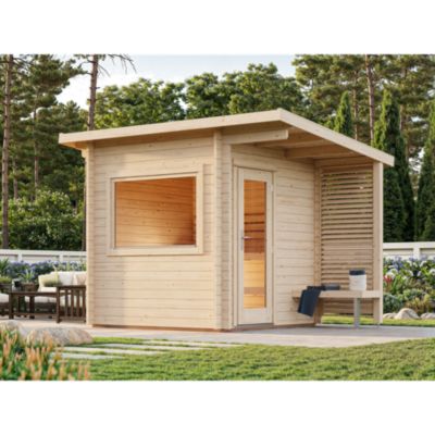 Sauna extérieur Sanna 6 places baie coulissante double vitrage et studio Palmako surface extérieure totale 18,3 m²