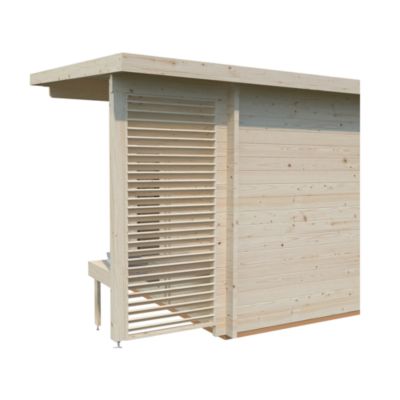 Sauna extérieur Sanna 6 places baie coulissante double vitrage et studio Palmako surface extérieure totale 18,3 m²