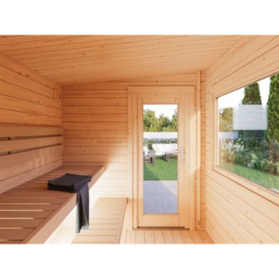 Sauna extérieur Sanna 6 places baie coulissante double vitrage et studio Palmako surface extérieure totale 18,3 m²
