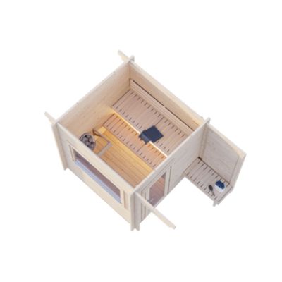 Sauna extérieur Sanna 6 places baie coulissante double vitrage et studio Palmako surface extérieure totale 18,3 m²