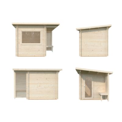 Sauna extérieur Sanna 6 places baie coulissante double vitrage et studio Palmako surface extérieure totale 18,3 m²