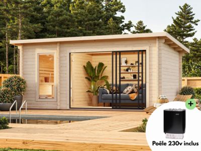 Sauna extérieur Sanna 6 places en bois et baie coulissante Palmako surface extérieure totale 12,8 m²