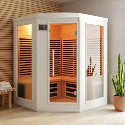 Sauna infrarouge d'angle SNÖ 3-4 places 2200W Hemlock blanc, Bluetooth/MP3