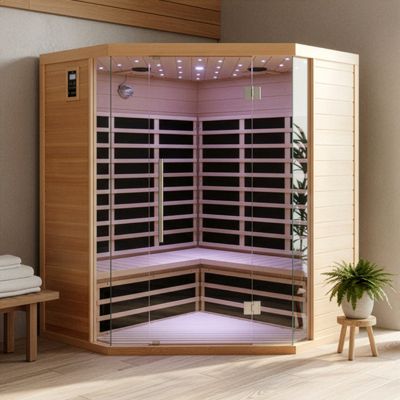 Sauna infrarouge d'angle SNÖ 4 places 2850W Hemlock avec chromothérapie et Bluetooth