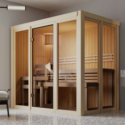 Sauna intérieur 3 places épicéa nordique 216x138 cm, porte vitrée - Karibu Irava