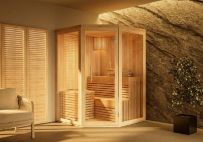 Sauna intérieur Ylva FinnTherm, 14x14m dim ext (cas échéant incl débord de toit) naturel, épaisseur paroi : 72mm, 2m² totale