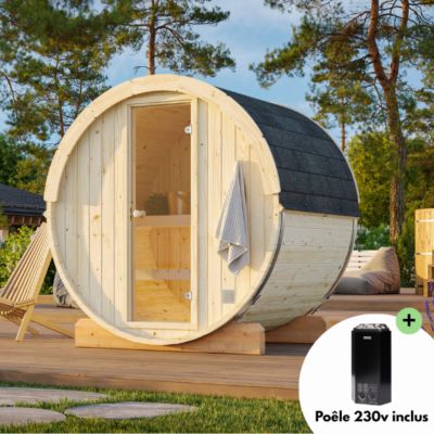 Sauna tonneau extérieur en bois Anita - PALMAKO - ép. 42 mm - 200 x 248 cm - Poêle 3,6 kW inclus