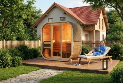 Sauna tonneau Finntherm Ellipso M FinnTherm, 2x11m dim ext (cas échéant incl débord de toit) Thermique (THT), 42mm, 2,2m² totale