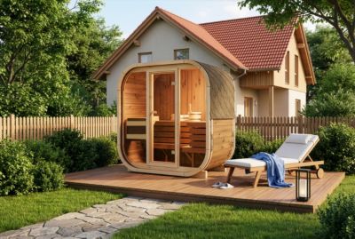 Sauna tonneau Finntherm Ellipso M FinnTherm, 2x11m dim ext (cas échéant incl débord de toit) Thermique (THT), 42mm, 2,2m² totale