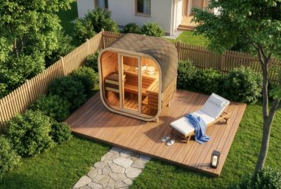 Sauna tonneau Finntherm Ellipso M FinnTherm, 2x11m dim ext (cas échéant incl débord de toit) Thermique (THT), 42mm, 2,2m² totale