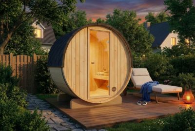 Sauna tonneau Finntherm Mini XXS FinnTherm, 2x13m dim ext (cas échéant incl débord de toit) naturel, 42mm, 2,6m² superficie totale