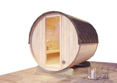Sauna tonneau Mini S FinnTherm, 2x22m dim ext (cas échéant incl débord de toit) naturel, épaisseur paroi : 42mm, 4,4m² totale