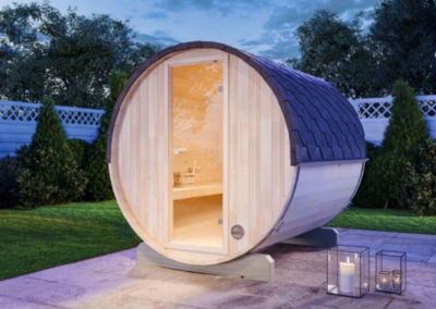Sauna tonneau Mini S FinnTherm, 2x22m dim ext (cas échéant incl débord de toit) naturel, épaisseur paroi : 42mm, 4,4m² totale