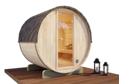 Sauna tonneau Mini XS FinnTherm, 2x16m dim ext (cas échéant incl débord de toit) naturel, épaisseur paroi : 42mm, 3,2m² totale
