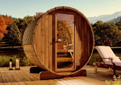 Sauna tonneau panoramique FinnTherm, 2x16m dim ext (cas échéant incl débord de toit) Thermique (THT), 42mm, 3,3m² superficie total
