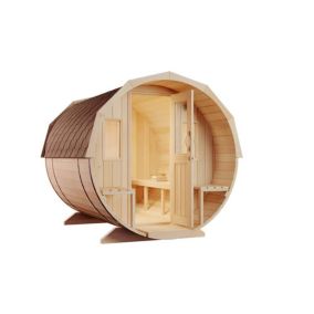 Sauna tonneau Sam FinnTherm, 22x28m dim ext (cas échéant incl débord de toit) naturel, épaisseur paroi : 40mm, 6,2m² totale