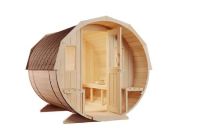 Sauna tonneau Sam FinnTherm, 22x28m dim ext (cas échéant incl débord de toit) naturel, épaisseur paroi : 42mm, 6,2m² totale