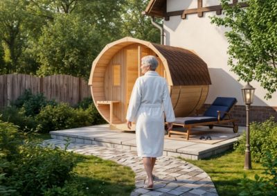 Sauna tonneau Sam FinnTherm, 22x28m dim ext (cas échéant incl débord de toit) naturel, épaisseur paroi : 42mm, 6,2m² totale