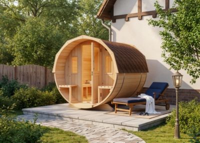 Sauna tonneau Sam FinnTherm, 22x28m dim ext (cas échéant incl débord de toit) naturel, épaisseur paroi : 42mm, 6,2m² totale
