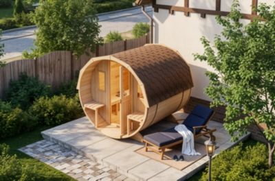 Sauna tonneau Sam FinnTherm, 22x28m dim ext (cas échéant incl débord de toit) naturel, épaisseur paroi : 42mm, 6,2m² totale
