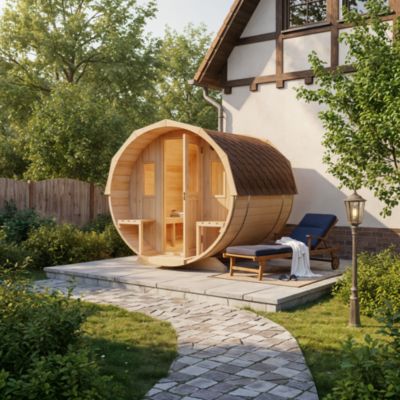 Sauna tonneau Sam FinnTherm, 22x28m dim ext (cas échéant incl débord de toit) naturel, épaisseur paroi : 42mm, 6,2m² totale